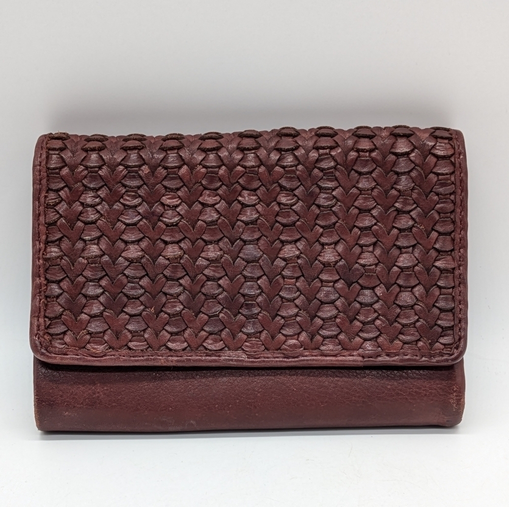Brown Woven Leather Tri Fold Foldover Wallet